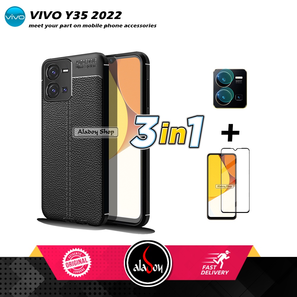 Case Vivo Y35 Softcase Leather + Tempered Glass Layar Full Cover + Tempered Glass Camera