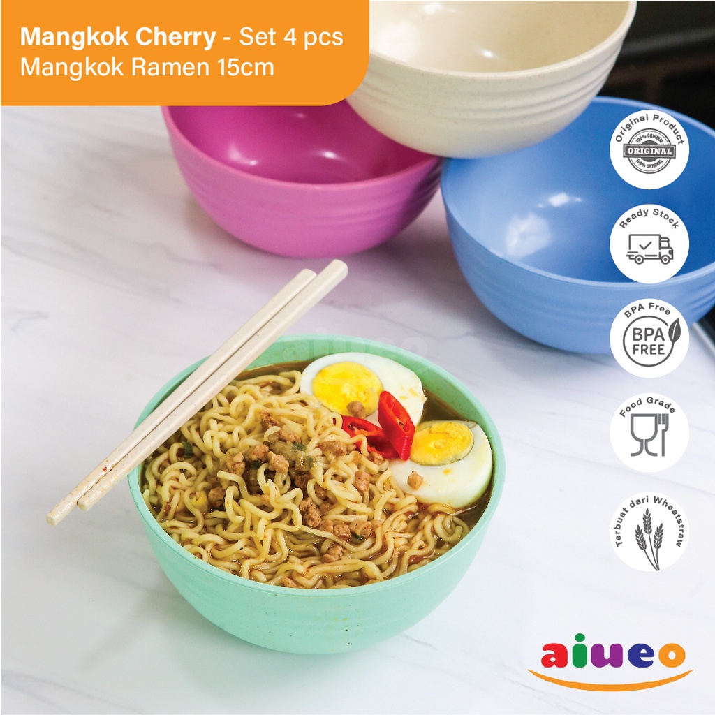 AIUEO Set 4 Pcs Mangkok Ramen 15cm Wheat Straw Mangkuk Makan Wheatstraw Microwave Warna Warni Aesthetic Estetik Plastik