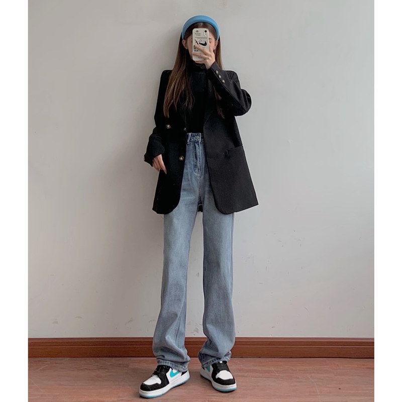 Suhao Hitam Celana Jeans Wanita Lurus Longgar Musim Semi 2022 Baru Pelangsing Lebar Kaki Mengepel Celana High Street Tide Ins