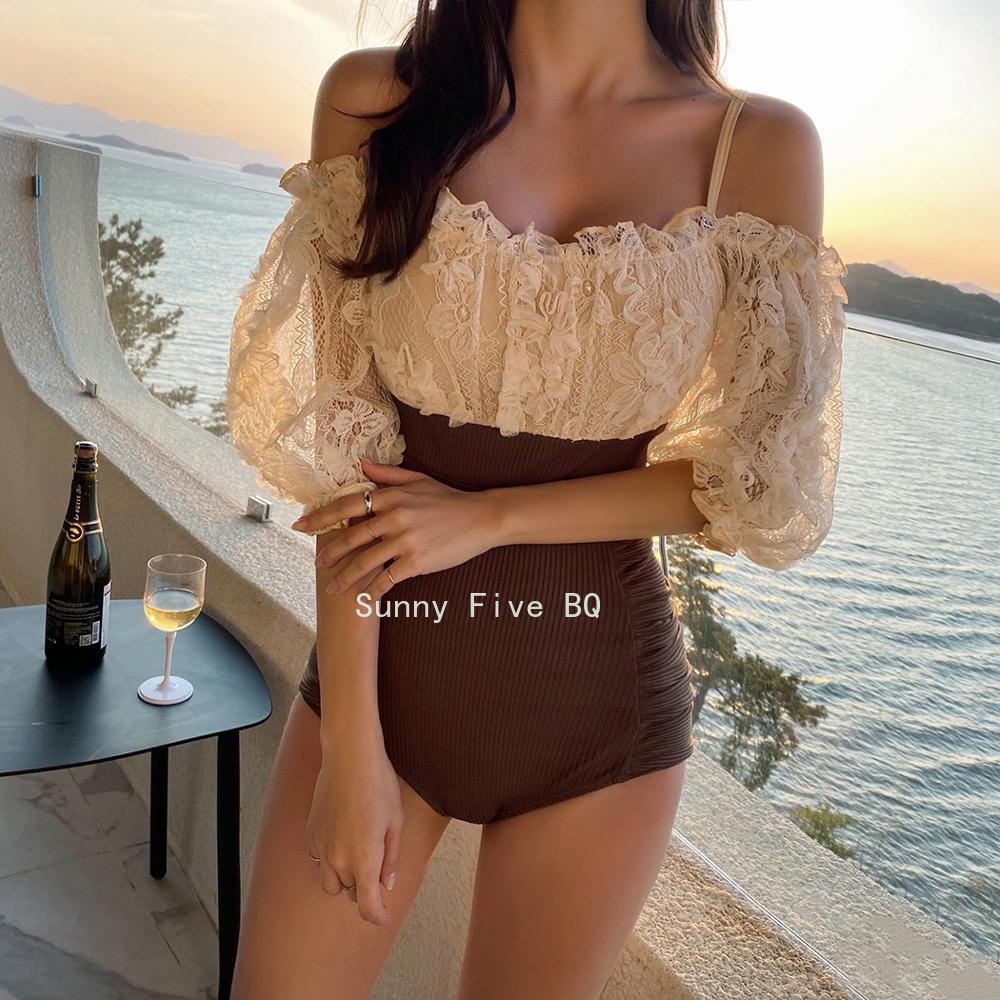(bq)Sexy Off Shoulder Flounce One Piece Swimsuit Lady 2022 Monokini Half Sleeve Swimwear Women Swim