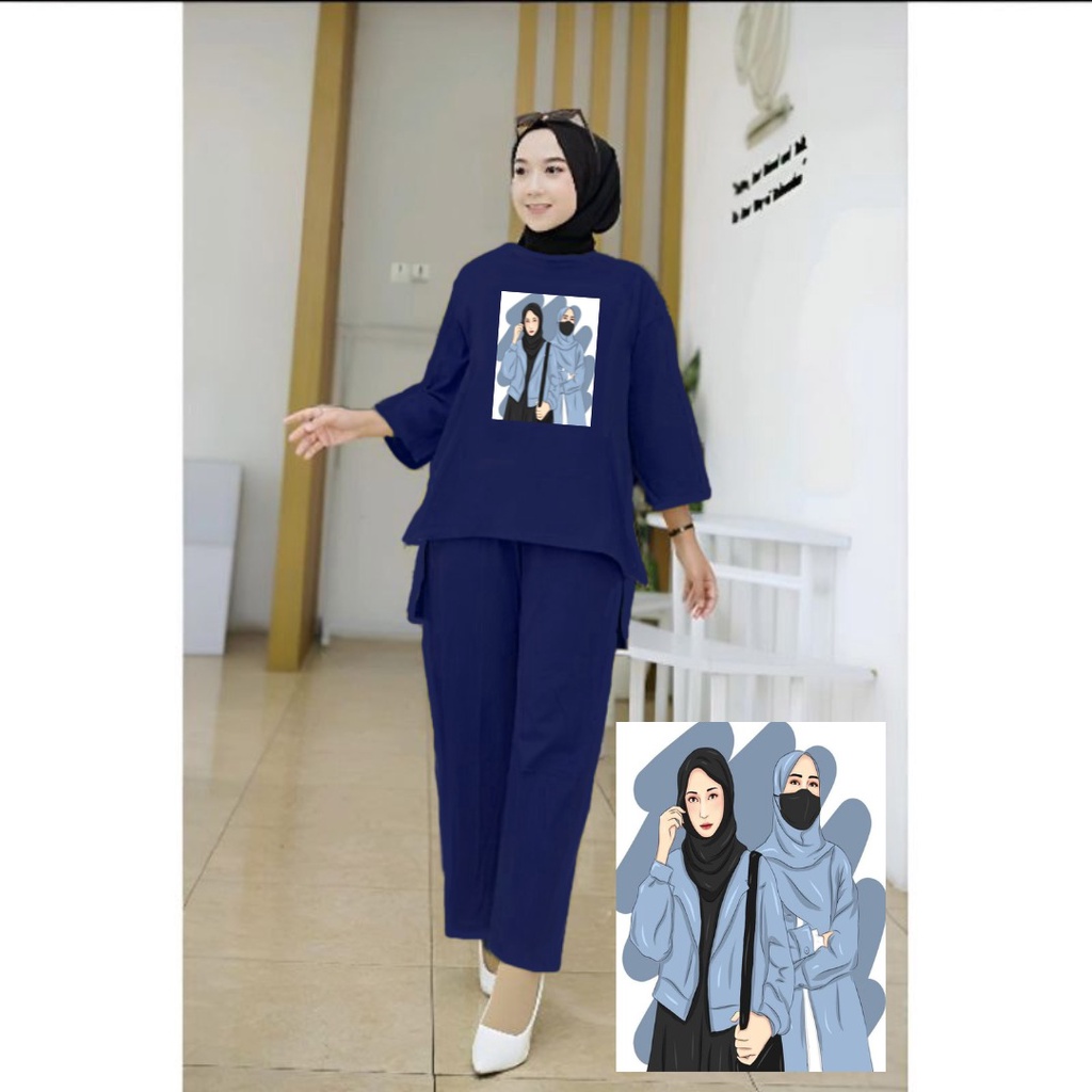 Setelan Tunik Muslim Hijab Biru/ Blouse Wanita