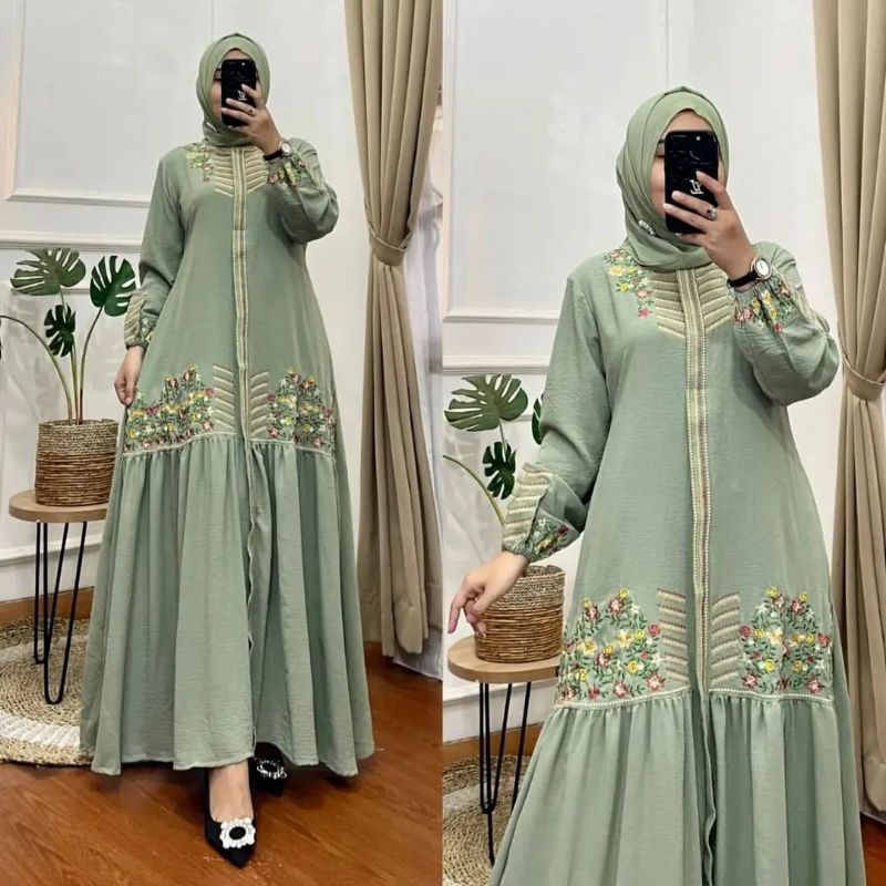 Bunga Dress Gamis Bordir Bahan Cringkle Fashion wanita Gamis Kodangan Pakaian Pesta Gamus Malaysia g