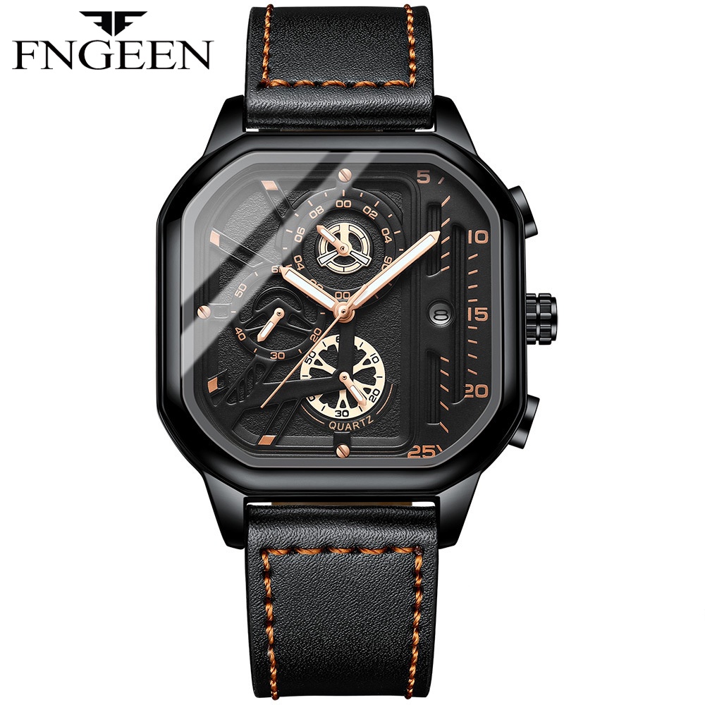 FNGEEN 6577 Jam Tangan Pria Multifungsi Chronograph Square Kulit Quartz Original Tahan Air Watch