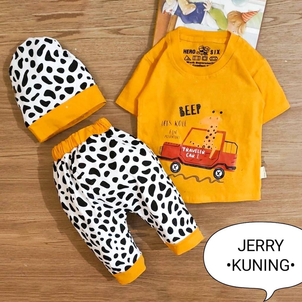 Setelan Anak / Baju Bayi Laki - Laki 0-9 Bulan Atasan Kaos Celana Free Topi Motif Jerry