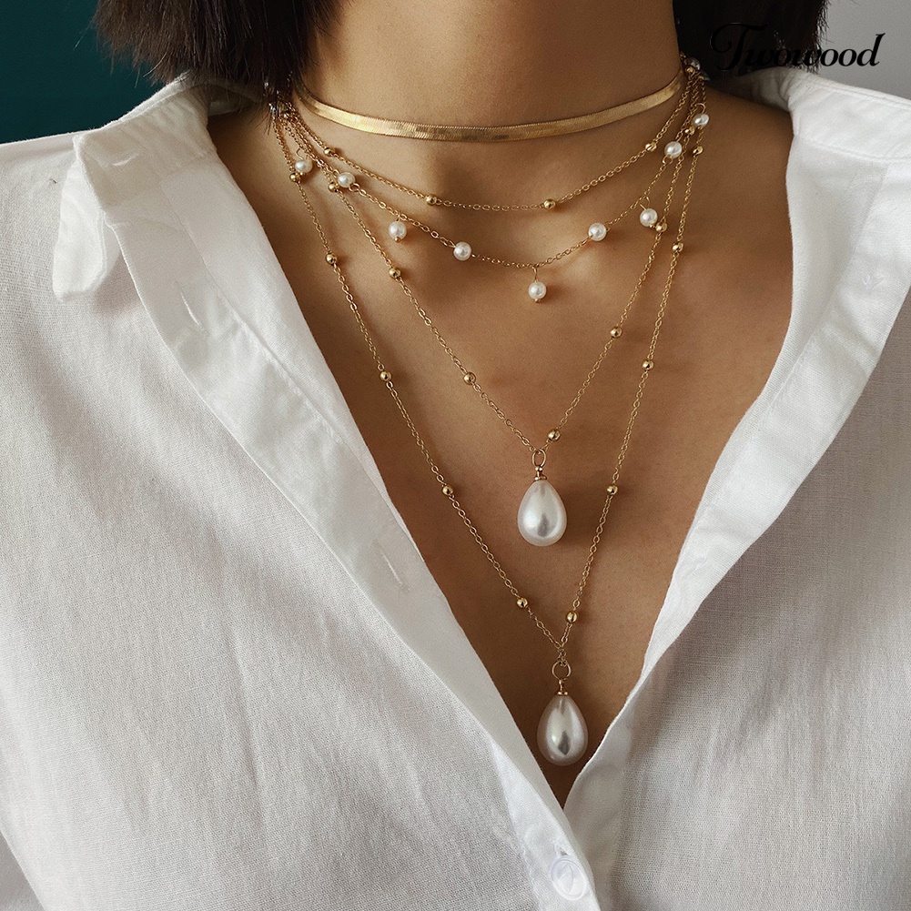 Kalung Rantai Multilayer Dengan Liontin Bulan Dan Mutiara Imitasi Untuk Wanita