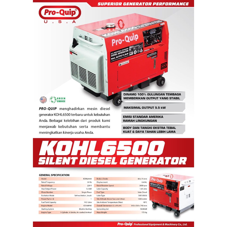 Genset Silent Diesel PROQUIP KOHL6500 5000Watt / Power Generator KOHL 6500 5000W 5Kw Gasoline Solar PROQUIP