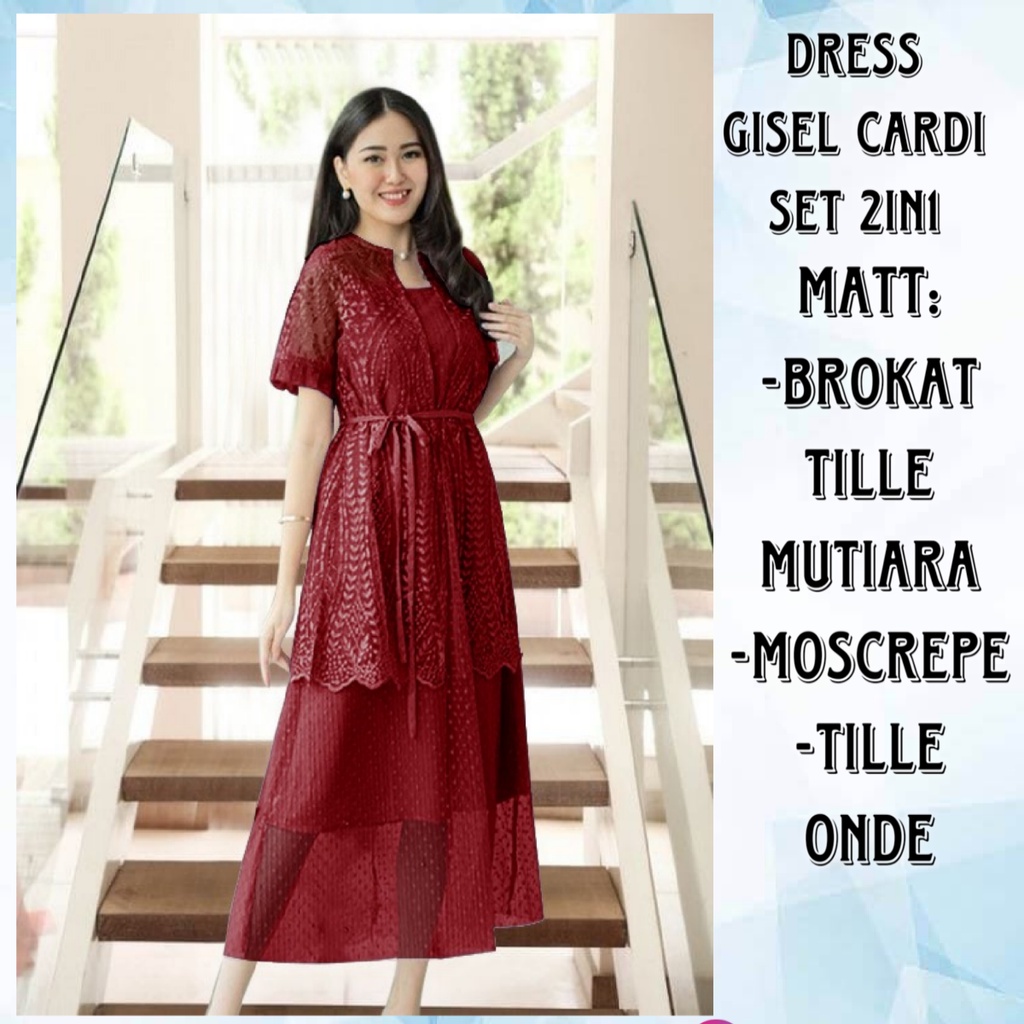 Dress Wanita Terbaru Casual Midi Brokat Tille Mutiara Terbaru/Dress Gisel Cardi Set 2in1 Size L dan XL Matt Tille Mutiara Mix Moscrepe/Dress Gricia Cardi 2in1/Good Quality