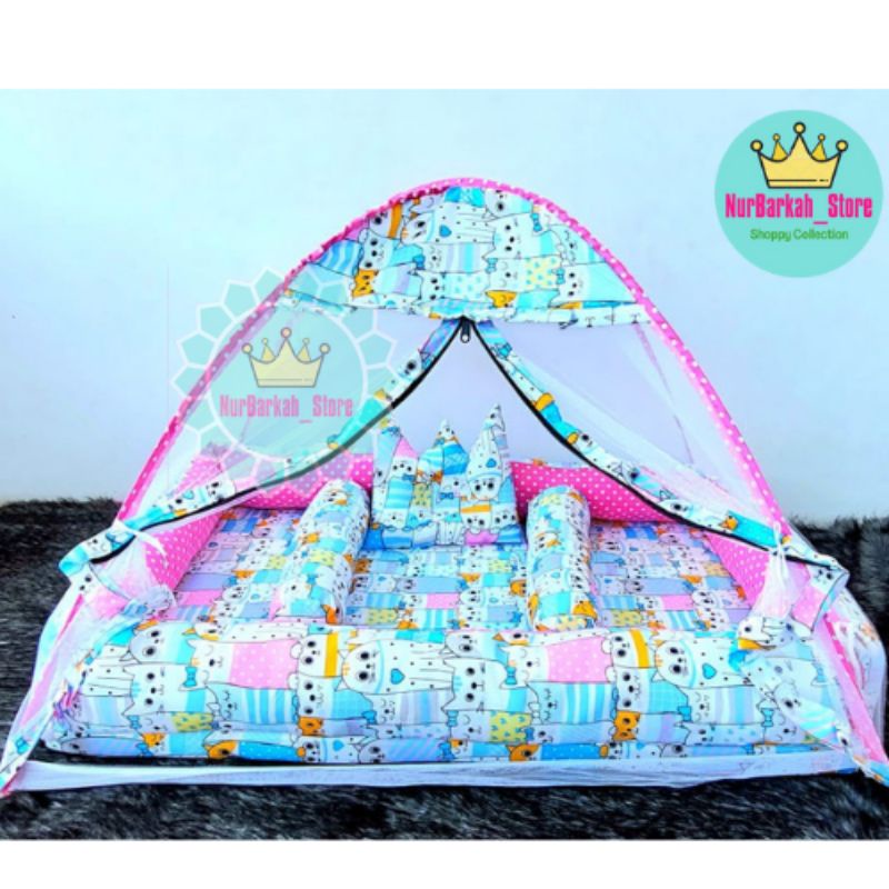 SET KASUR KOLAM TENDA MOTIF KUCING FAMILY TOSKA PINK POLKADOT BABY  BIRU WARNA CEWEK COWOK BAYI USIA