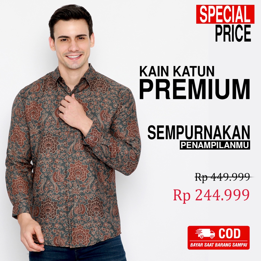 KEMEJA BATIK PRIA Dobby Lengan Panjang Slimfit Premium Warna Abu Grey Coklat 727284 Cap 72 - Baju Kemeja Atasan Pakaian Setelan Batik Pria Cowok Laki Laki Remaja Keluarga Kantor Lengan Panjang Modern Slimfit Slim Fit Premium Kekinian