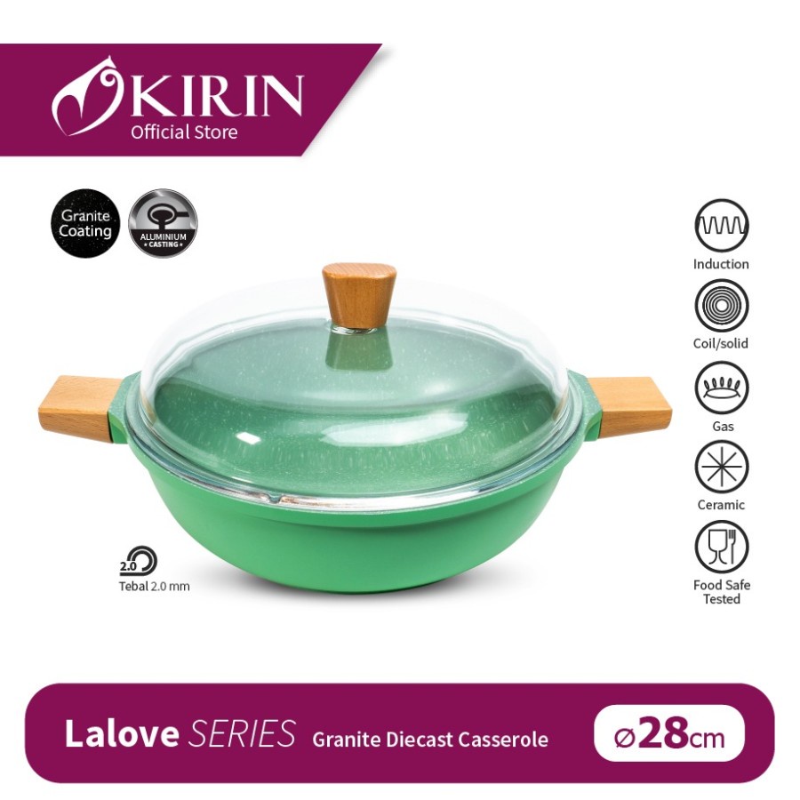 Kirin Lalove Series Wajan Anti Lengket Granite Casserole 28 cm Lalove Casserole 28cm Kirin Tutup Kaca Wood Handle