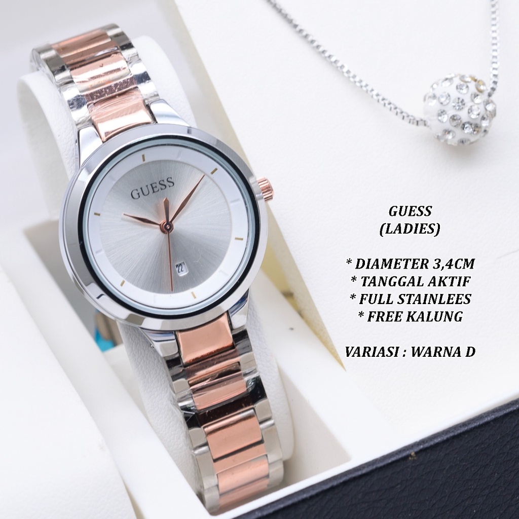 (BISA COD) JAM TANGAN WANITA GUESS HR-0003 FULL STAINLEES TANGGAL AKTIF FREE KALUNG