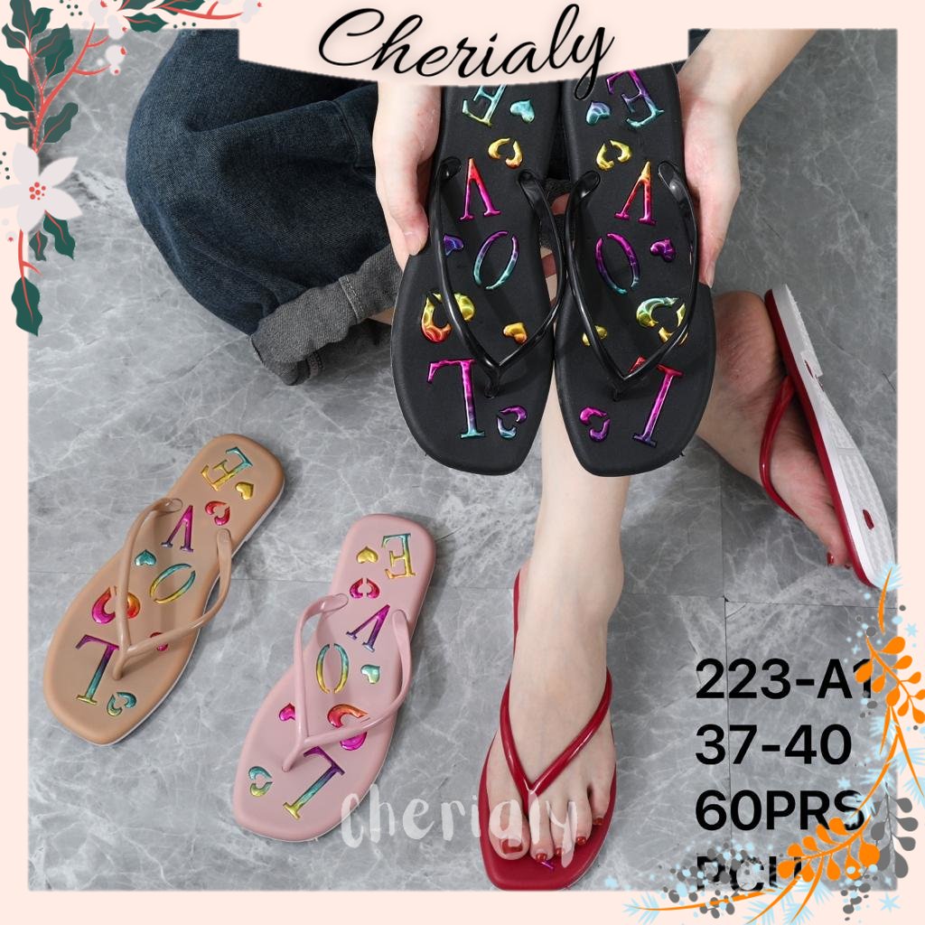 PVC Sandal Jepit Teplek Wanita Karet Import Sol Non-Slip Bahan Lentur Elastis Empuk Motif LOVE 223-A1