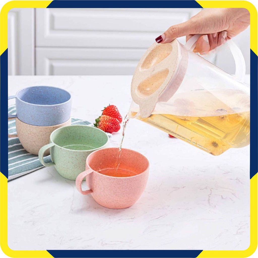 Murah Lebay GO-G02 Teko Jus Air Teh Kopi Wadah Plastik Bahan Jerami dengan 4 cangkir BPA FREE