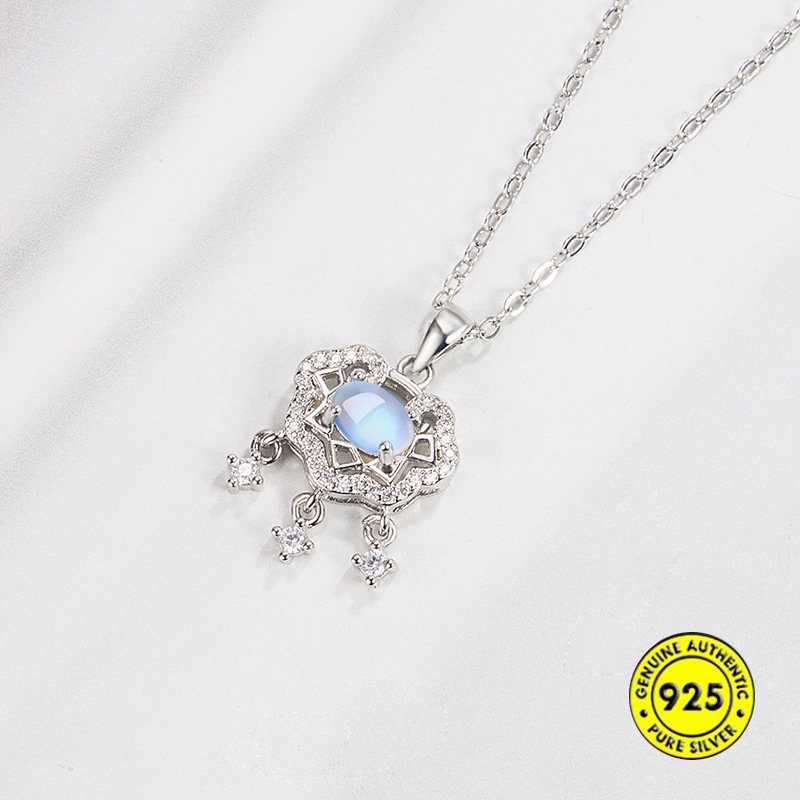 Kalung Rantai Sterling Silver 925 Dengan Liontin Batu Moonstone Untuk Wanita U1400