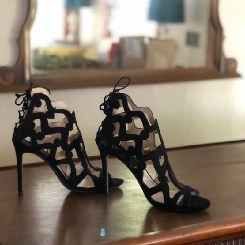 heels zara velvet hitam black