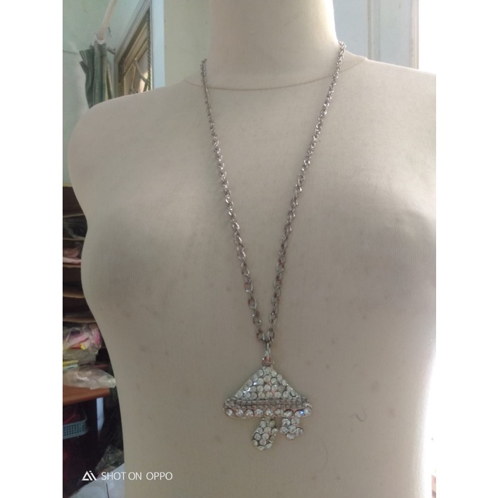 Kalung Panjang Silver Liontin Jamur & Permata Putih