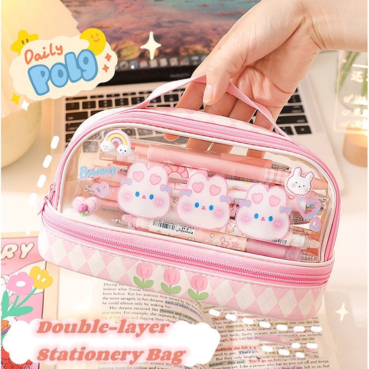 Kelinci Lucu Pensil Case Kapasitas Besar Double LayerHand-Card Zipper Storage Box Penyimpanan Alat Tulis Siswa