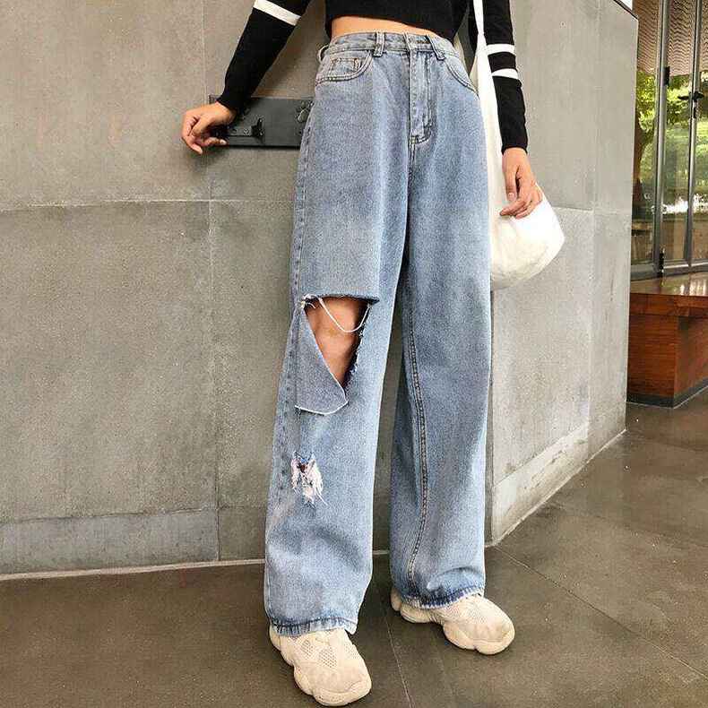 korea fashion highwaist Loose murah robek celana jeans wanita