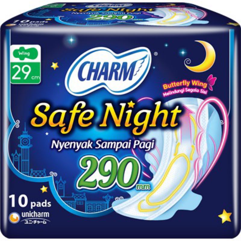 Charm Pembalut Safe Night 29cm Wing isi 10pads / Charm Night 29cm / pembalut kewanitaan