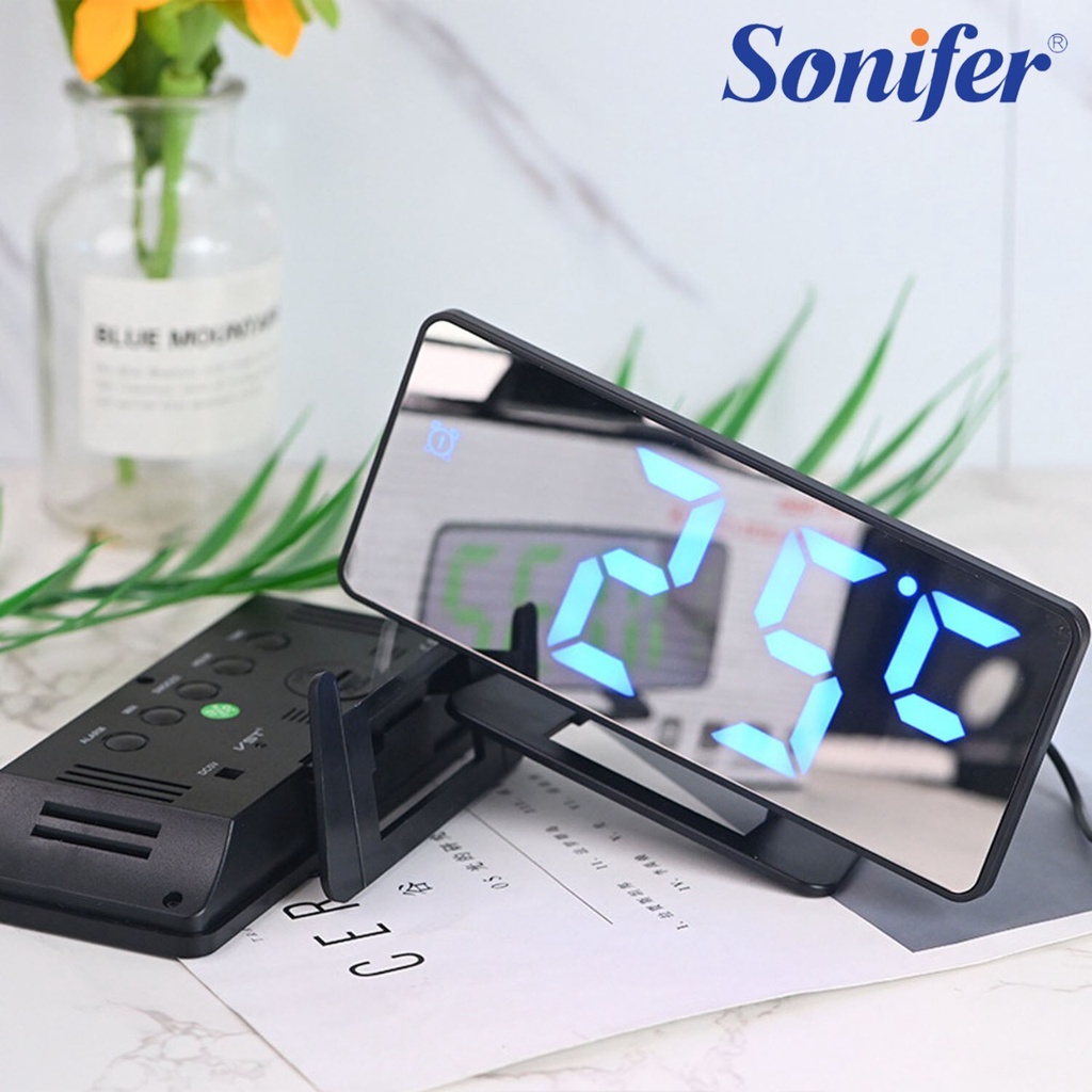 Sonifer Jam Meja Digital Mini VST-888 Mirror Led Weker Alarm Clock Biru