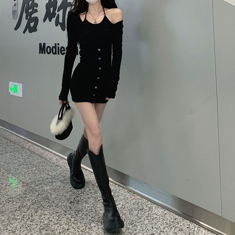 Suhao Pure Desire Hot Girl Fake Two-Piece Sling Dress 2022 Musim Gugur dan Musim Dingin Baru Slim Slim Ketat Rok Pinggul