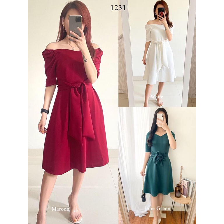 MULAN DRESS KOREAN MIDI DRESS A LINE SABRINA LENGAN PENDEK GAUN WANITA GEREJA CASUAL