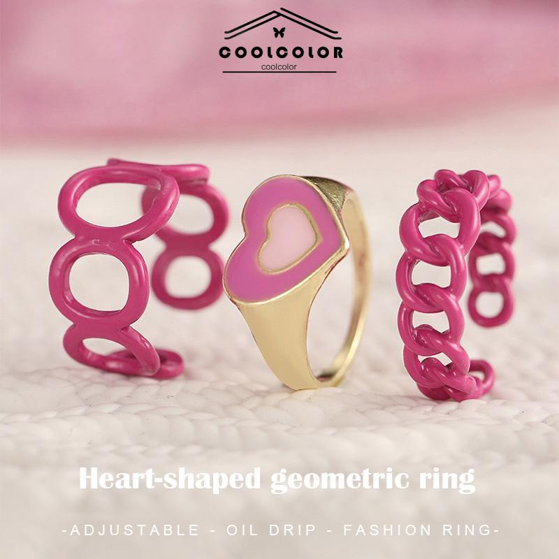 COD❤️3PCS Heart Geometry Rings Cincin Geometri Jantung Cincin Mode Menetes Minyak yang Dapat Disesuaikan untuk Aksesoris Perhiasan Wanita- cl