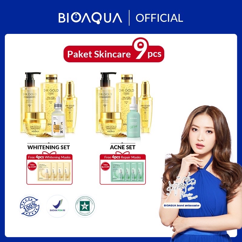 BIOAQUA  kecantikan perawatan set skincare paket 9pcs whitening brightening penghilang jerawat batu 