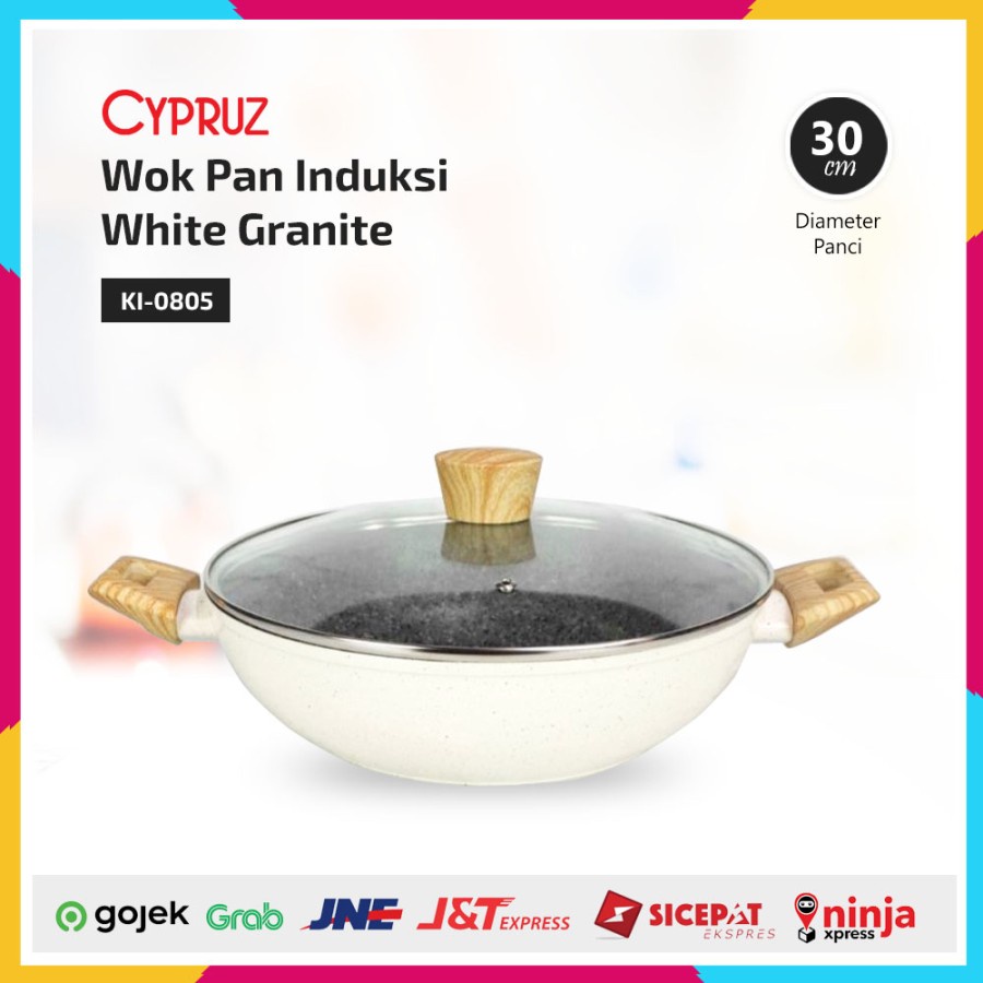 Wok Pan Induksi Cypruz KI-0805 Kuali Tutup 30 cm White Granite