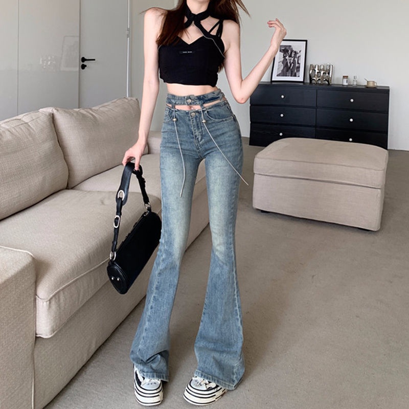 Suhao ukuran besar gadis panas gaya melubangi pinggang micro-flared jeans wanita musim gugur high street retro slim lebar kaki celana panjang trendi