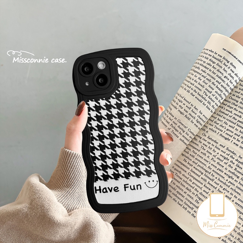 Soft Case Hitam Motif Houndstooth Untuk iPhone 11 14 12 13 Pro Max XR 7 8 6 6s Plus 14 Plus X XS Max SE 2020