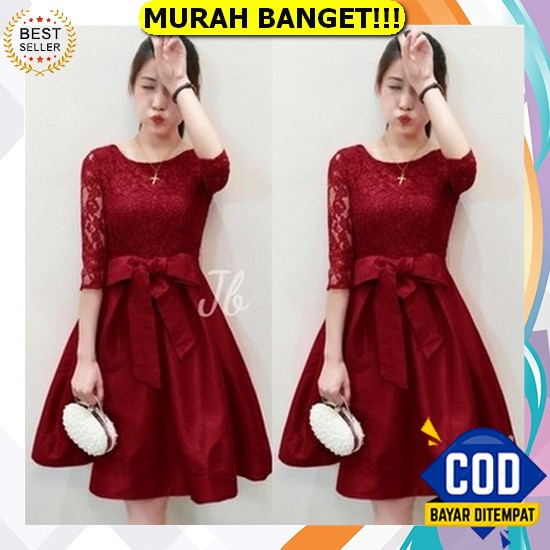 Dress Gaun Korea Wanita Midi Kondangan Baju Lengan Pendek Casual Pesta Katun Wedding Natal Andin Lon