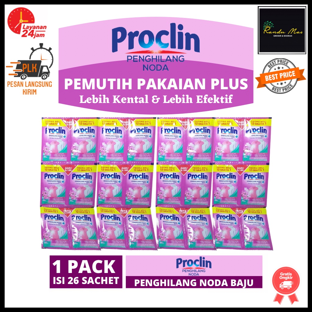 Proclin Penghilang Noda Plus Pemutih Baju Sachet 25ml Memutihkan Kemasan 1 Renceng Isi 26 Sachet