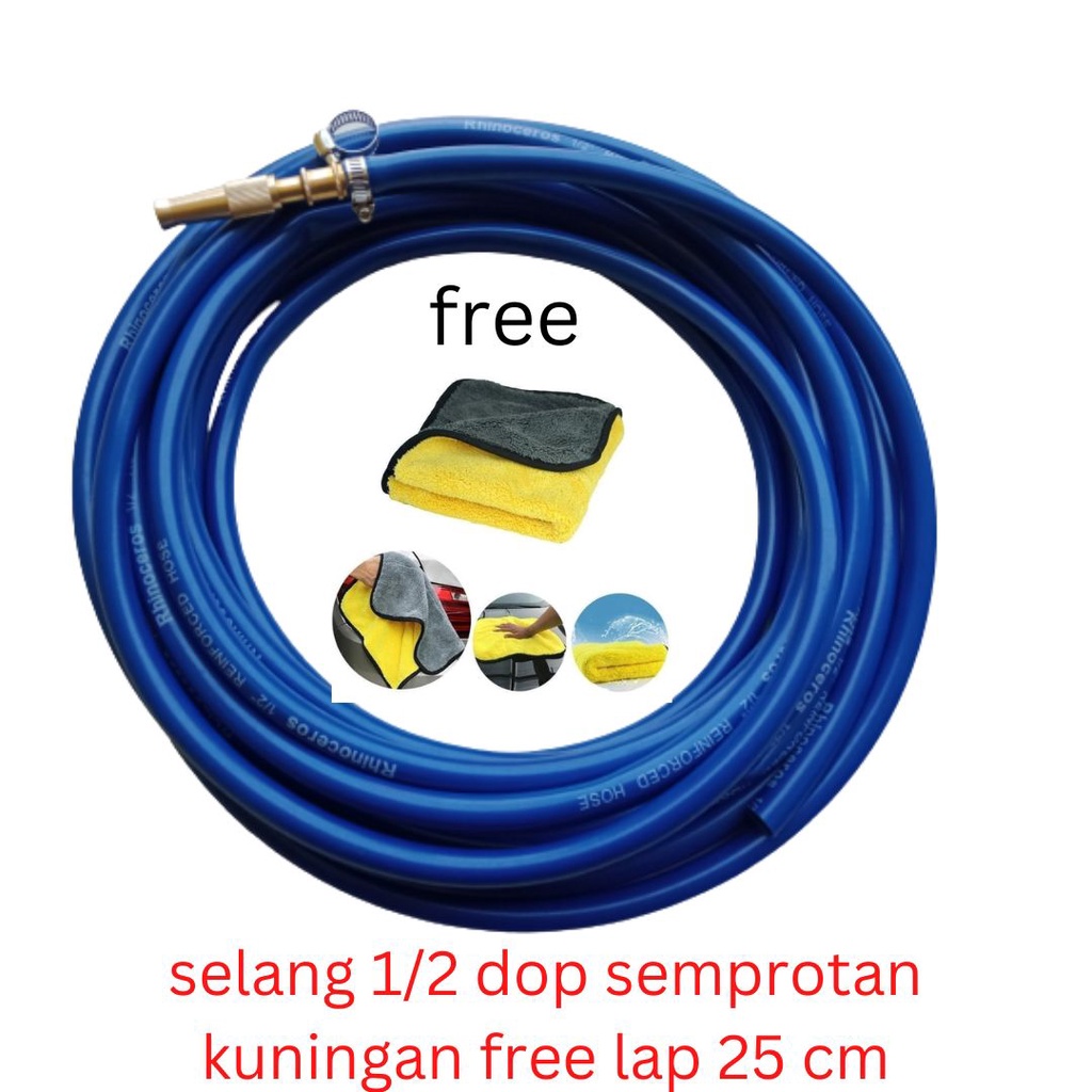 Paketan Selang Air Elastis Ukuran 1/2 Inch 1 Mm + Semprotan Air Lurus Kuningan / Semprotan Selang Air Lurus Free Lap Microfiber 25 cm