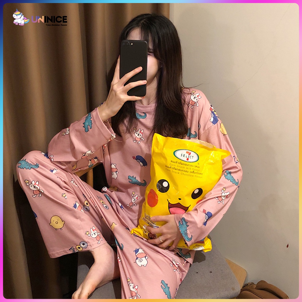 UNINICE [COD] Kartun Crocodile Wanita Piyama Lucu Cetak Longgar Loungewear Set Plus Ukuran Celana Pendek Lengan Pendek