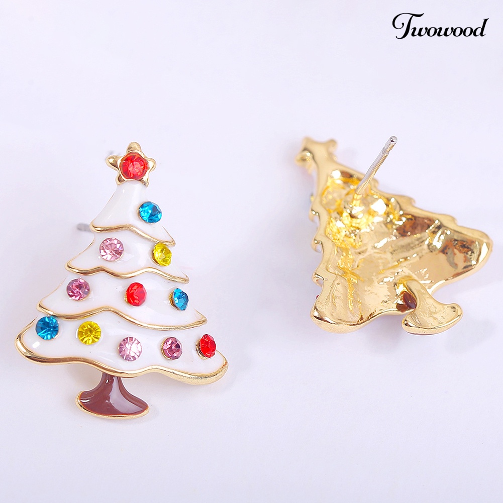 Anting Stud Desain Pohon Natal Bahan Alloy Aksen Berlian Imitasi Untuk Wanita