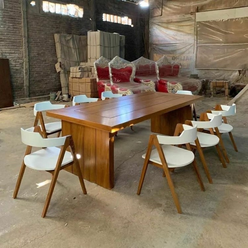 meja makan 8 kursi cafe warna putih bahan kayu jati grade A
