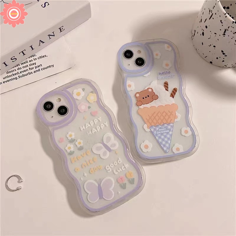 Ice Cream Cute Bear Case Realme C53 C55 10 C12 C35 C15 C21Y C25 5i 5s 6i C25s C25Y C1 C11 C20A C20 Realme C11 2021 C20A C3 Butterfly Flowers Lembut Wavy Edge Shockproof TPU Cover