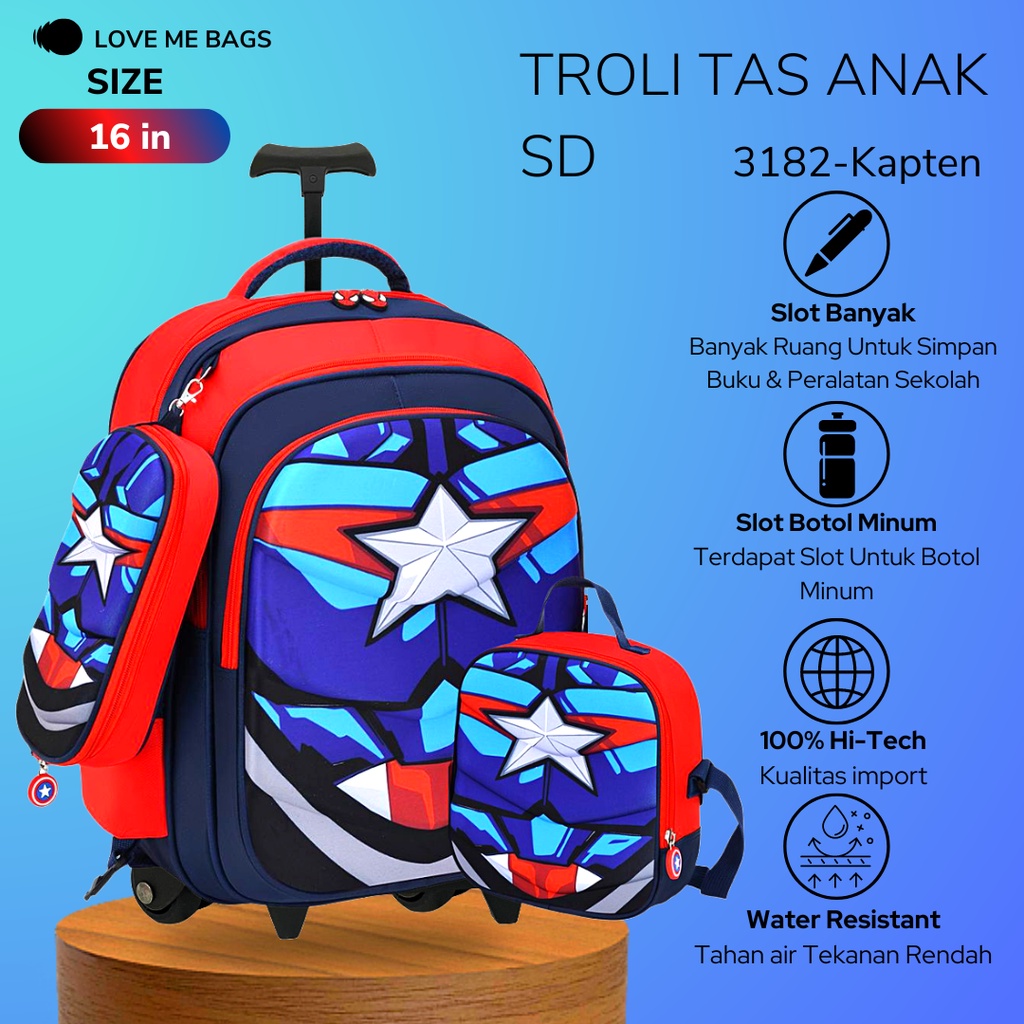 LMB Tas Troli Anak Laki Laki SD Import Karakter Superhero Bagian Depan Timbul 6D Bahan Nilon Premium Kuat dan Tebal Nyaman Dipakai