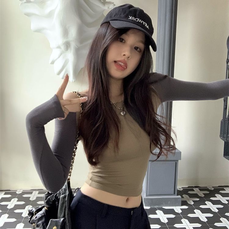 Suhao Satu Bahu T-shirt Wanita Musim Panas Kontras Warna Jahitan Gadis Panas Retro Tanpa Tali Seksi Ketat Tipis Lengan Panjang Atasan Pendek