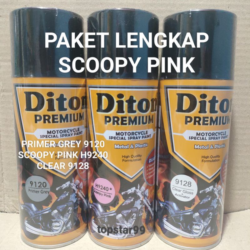 Pilok Cat Diton Premium Paket Lengkap 3 Kaleng Scoopy Pink Ping Scoopy 9240 Primer Grey Epoxy 9120 Clear Glossy 9128 400cc Pilox Paketan Cat Semprot Special Spray Paint