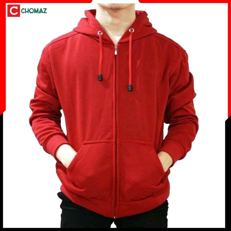 Jaket Hoodie Polos Zipper Merah Pria &amp; Wanita Size L XL XXL Chomaz