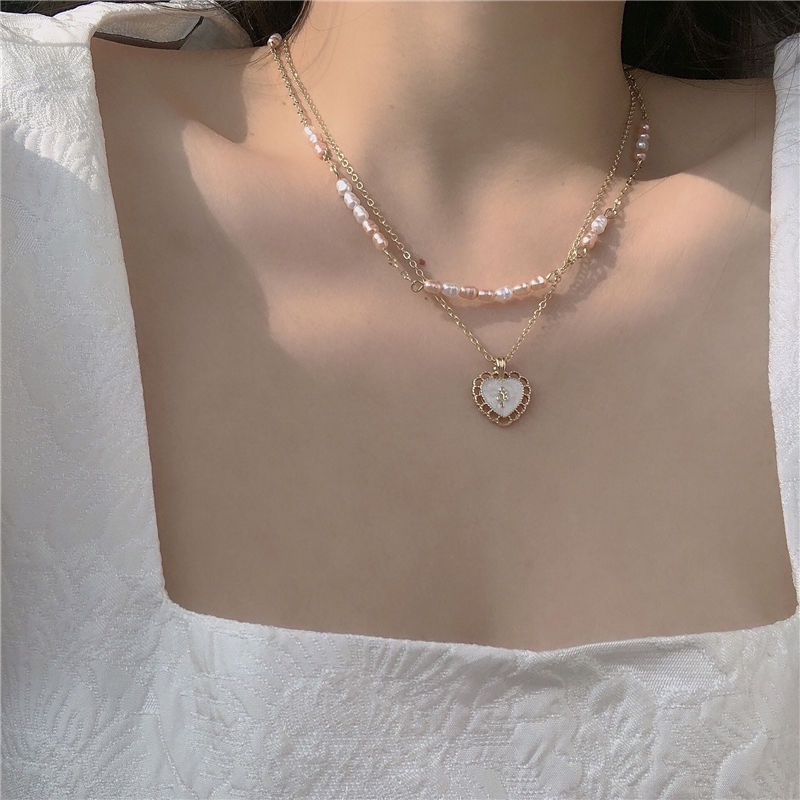 Pearl peach heart double-layer kalung perempuan 2022 musim panas baru high-end cahaya mewah super peri mawar rantai klavikula retro