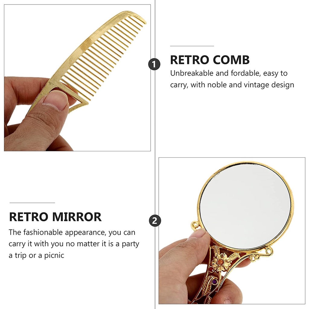 cermin set sisir genggam gagang emas gold mini kecil make up rias souvenir vintage aesthetic estetik