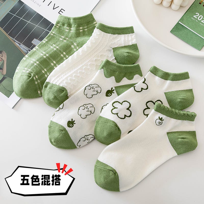 ~ PIYOSHI08 ~ Kaos Kaki Pendek GREEN FLOWERY Fashion Style Wanita AF235