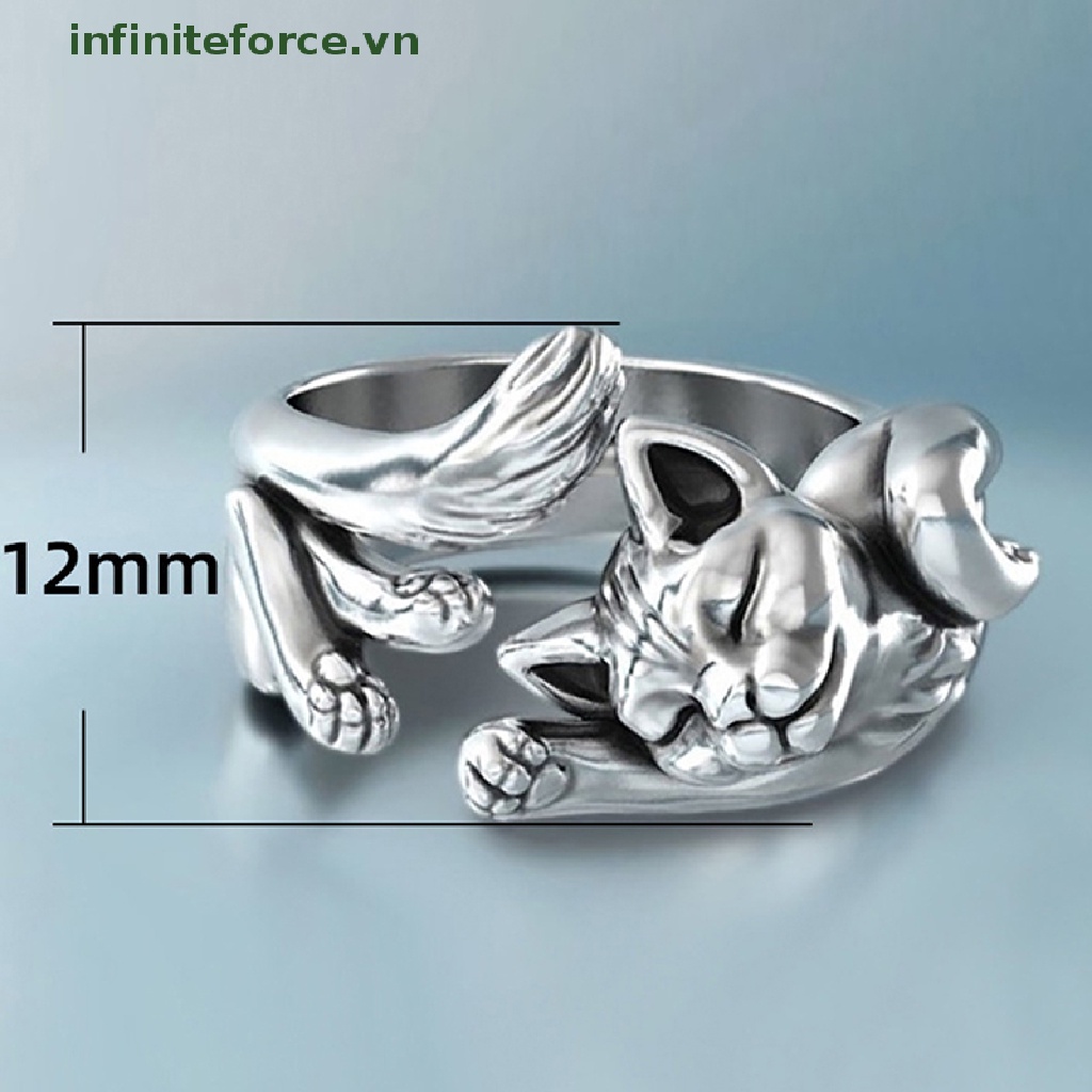 Cincin Lapis Silver Desain Kucing Gaya Vintage Adjustable Untuk Wanita