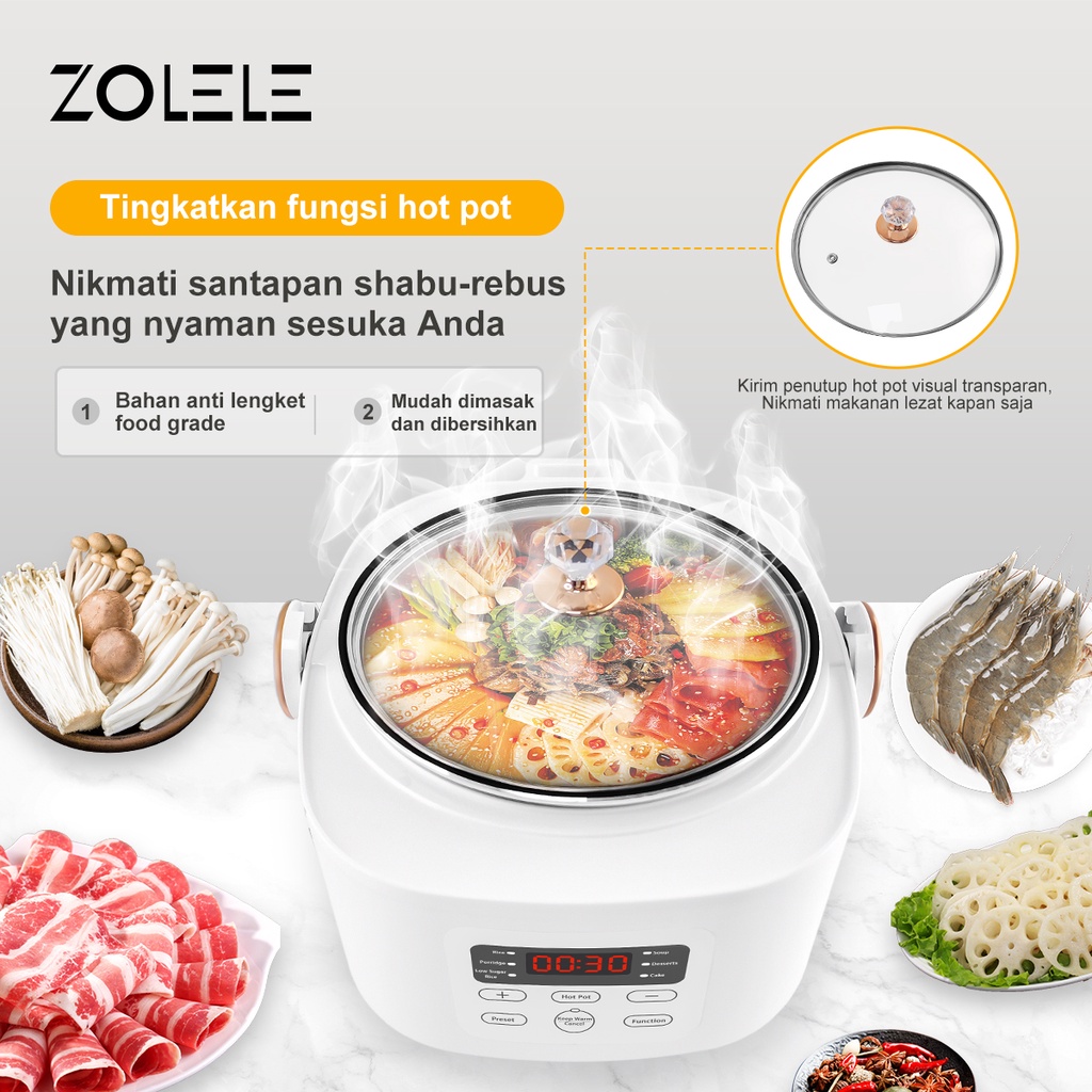 ZOLELE Smart Rice Cooker Micro Digital Besar 1.2L Penanak Nasi Hangat Low Carbo 3-5 Porsi Alat Masak Nasi Processor Cooker Low Sugar Penanak Elektrik Multi Cooking Pot ZB500