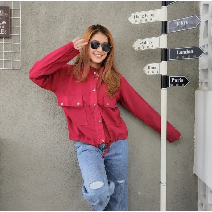 Sweater Jacket MAROON POCKIE Pakaian Outer Wanita Oversize Bahan Baby Kanvas Fashion Terkini Kasual OOTD Terbaru