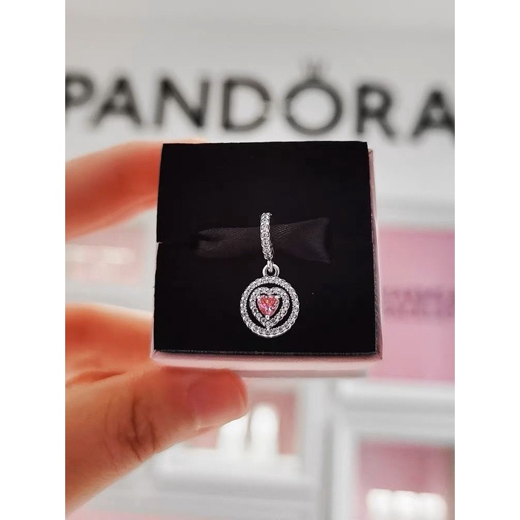 Pandora Kalung 925 Silver Shining Double Ring Dengan Liontin Hati Aksen Kubik Zirkonia Pink Untuk Wanita