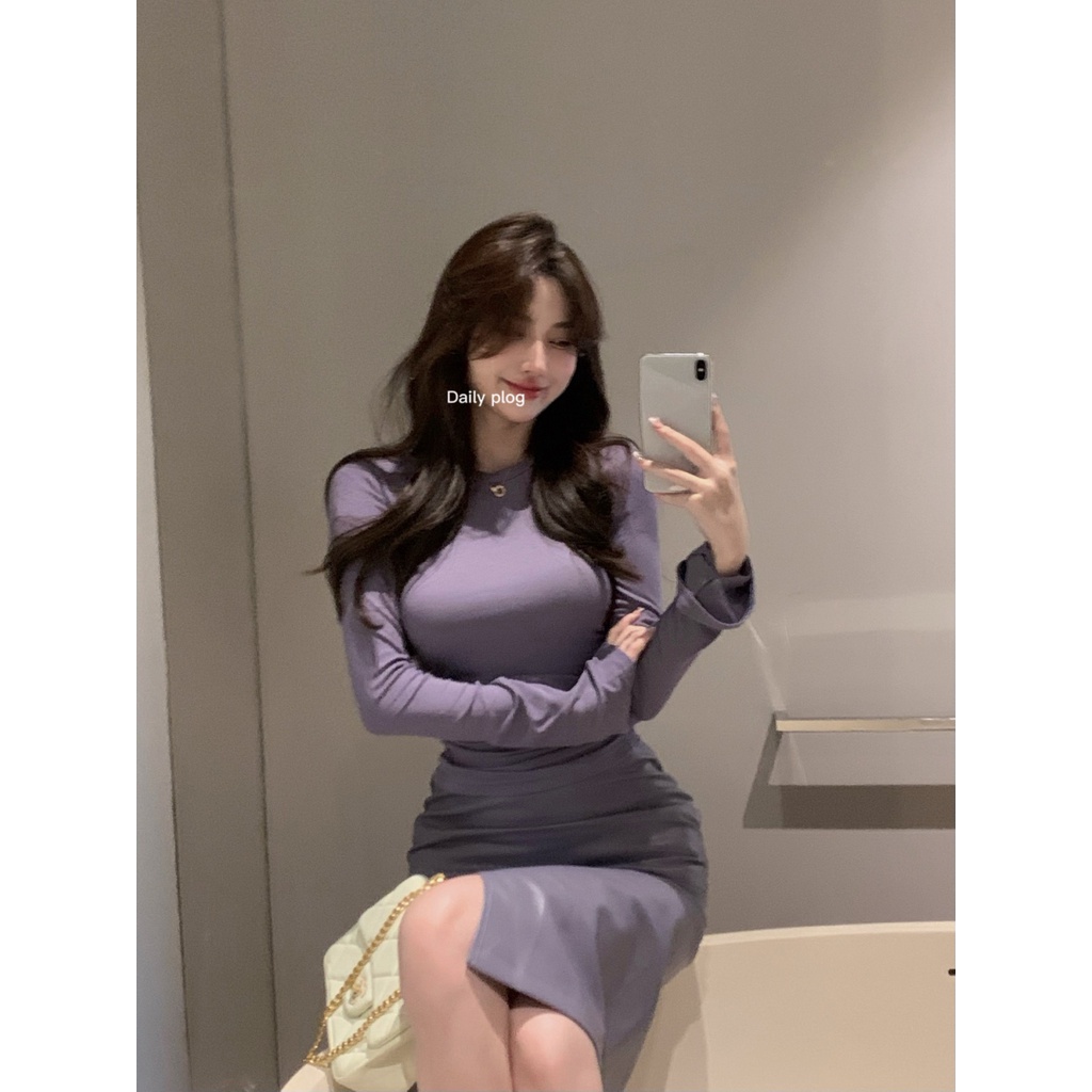 Suhao hot girl setelan musim gugur keinginan murni angin ketat T-shirt dengan bottoming top terlihat tipis tinggi pinggang rok celah rok kulit